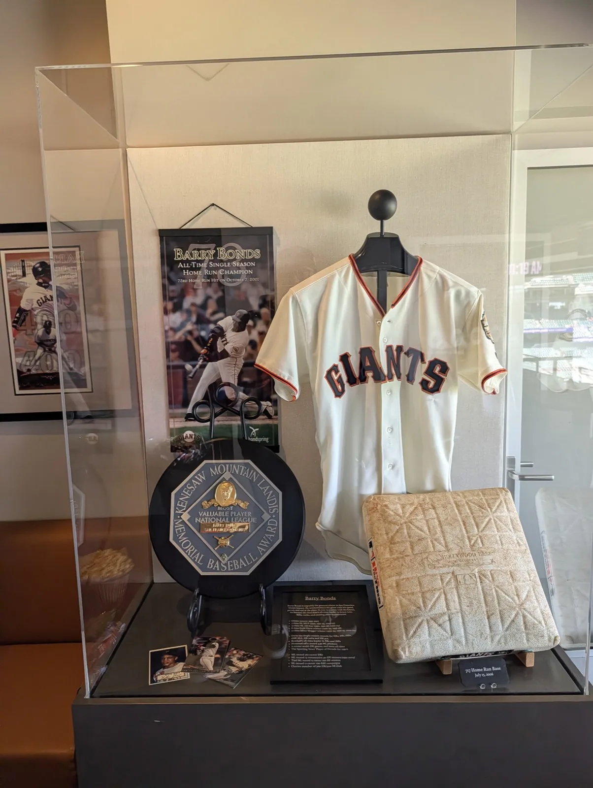 Display case in the Bonds Suite with a Barry Bonds Giants jersey and memorabilia